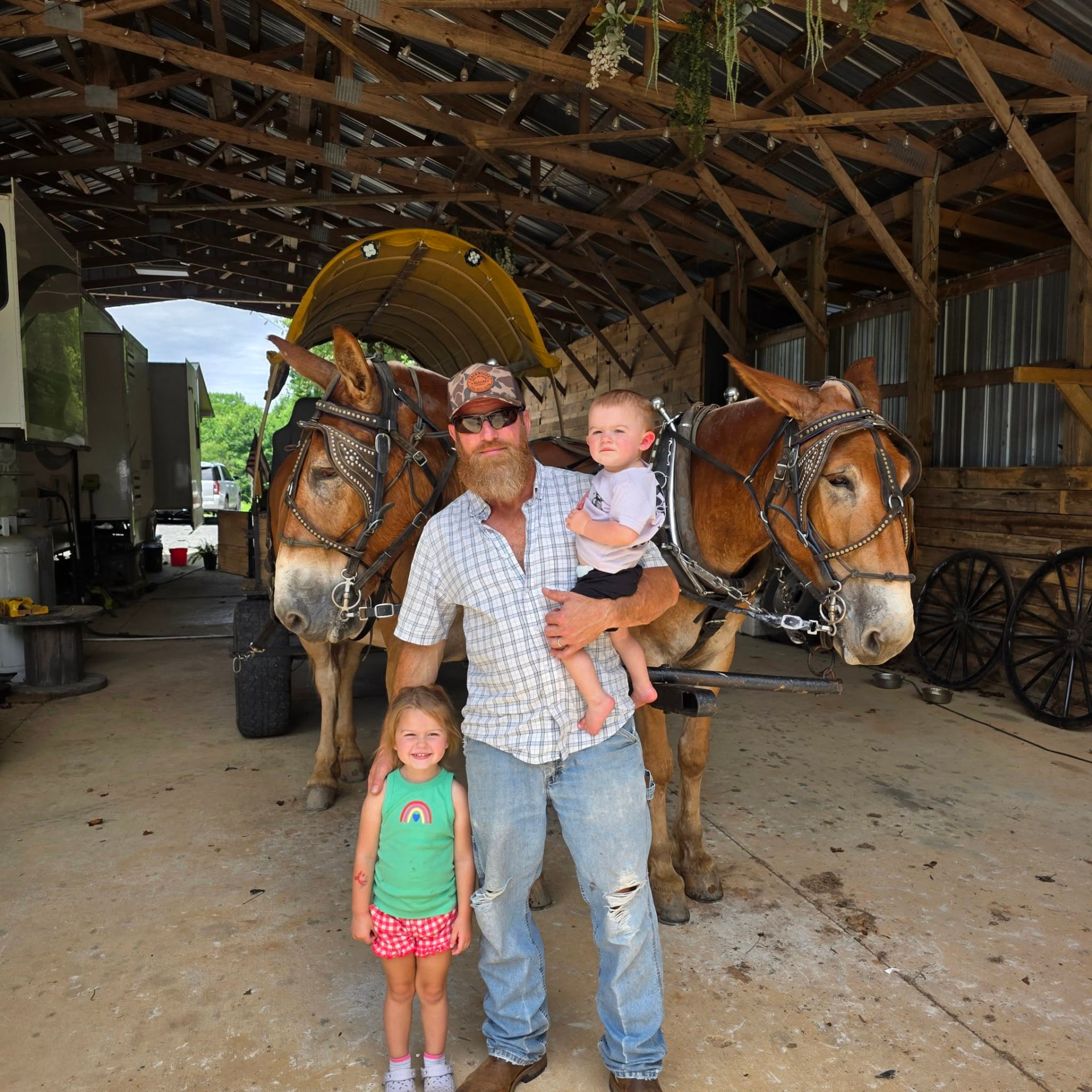 Jason with his children in the barn beside the harnessed mule team
